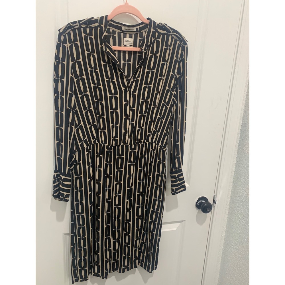 LL Bean Geometric Print Rayon Shirt Dress Tan Black Long Sleeve Midi Size 10